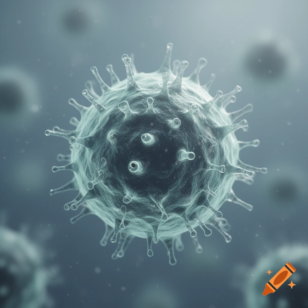 A detailed microscopic view of a spiky, greenish-blue virus or germ floating in a hazy liquid.