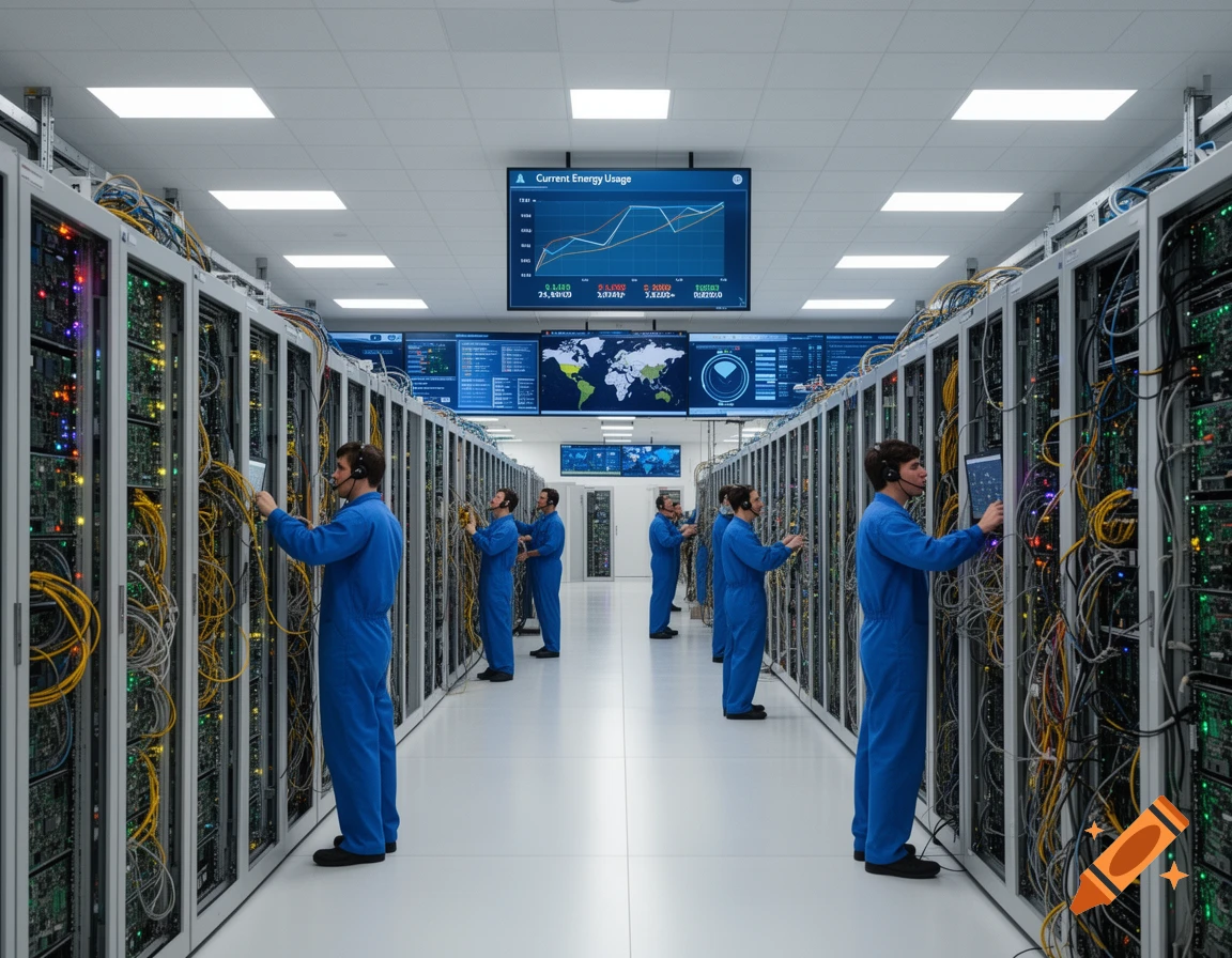A long aisle in a data center with rows of server racks. Several technicians in blue coveralls are working on the servers, with overhead screens displaying energy usage data and world maps.