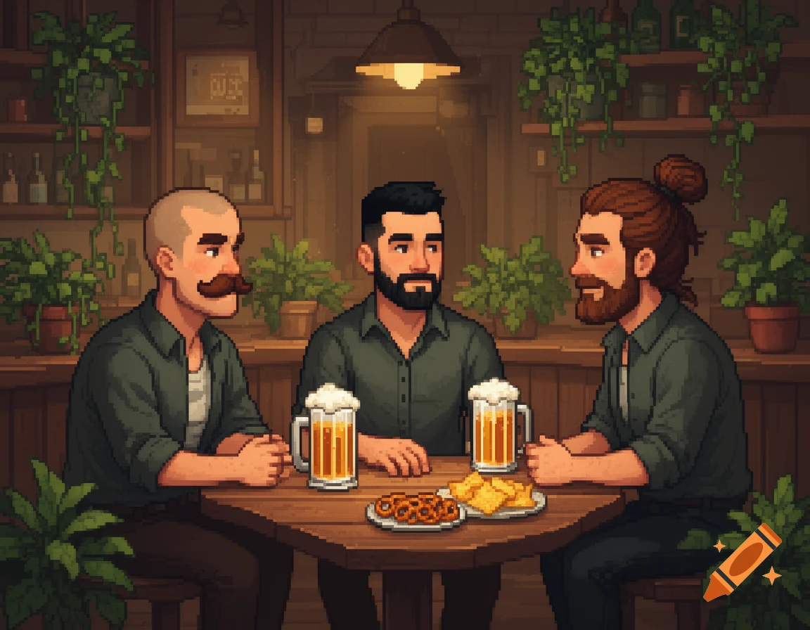 Pixel art scene of three men with beards and mustaches drinking beer and eating snacks at a wooden table in a cozy bar with plants and warm lighting.
