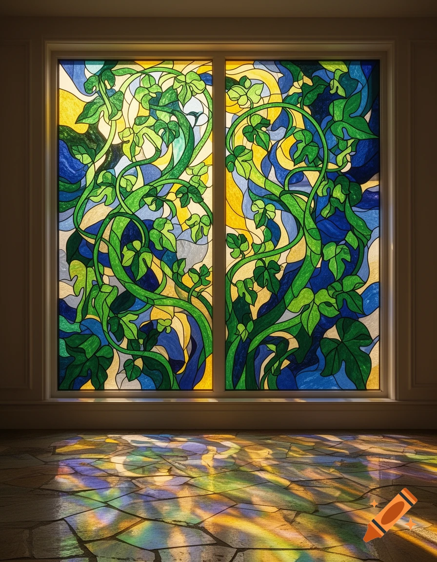 Vibrant stained-glass window with green vines and blue/yellow swirls, casting colorful reflections on a tiled floor.
