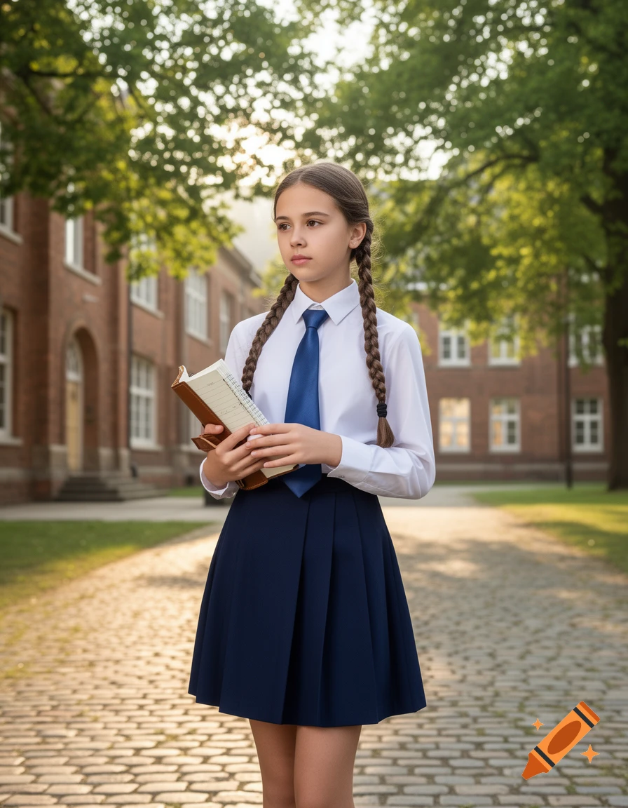 Young girl in school uniform with braided pigtails holding a book on a cobblestone path outside a school building.