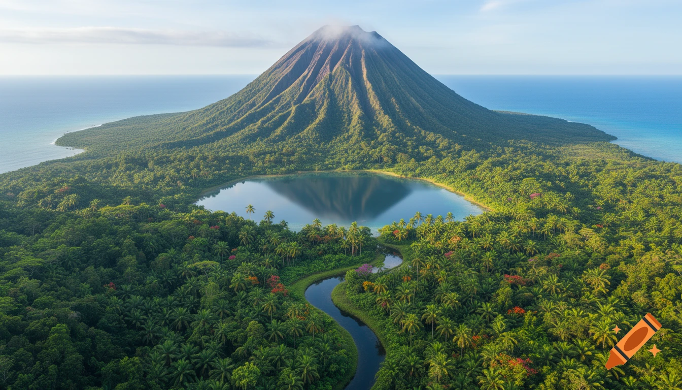 Aerial view of a lush tropical island featuring a conical volcano, a serene lake at its base, and a winding river flowing to the ocean.