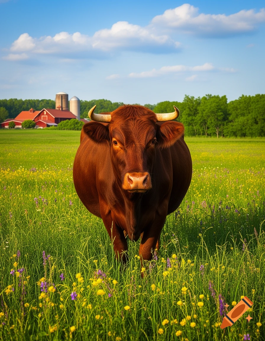 A brown bull stands in a sunny green pasture filled with yellow and purple wildflowers, a red barn and silos visible in the distance.