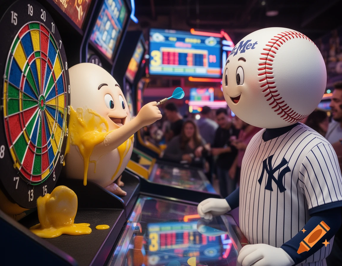 Photorealistic image of Humpty Dumpty, dripping yolk, throwing a dart at a baseball-headed character wearing a Yankees uniform in an arcade.