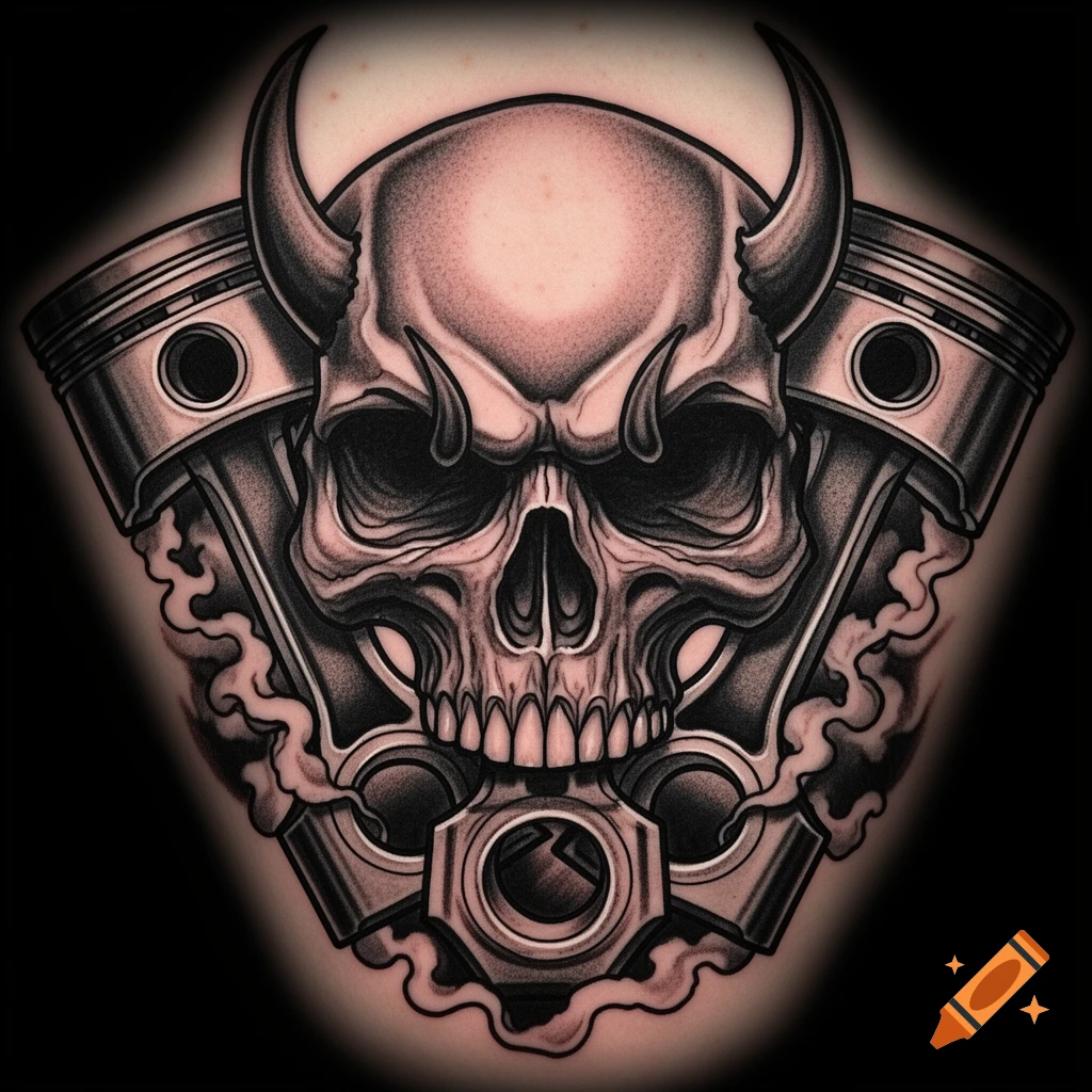 A stylized tattoo design featuring a skull with horns and two engine pistons on either side, emitting smoke.