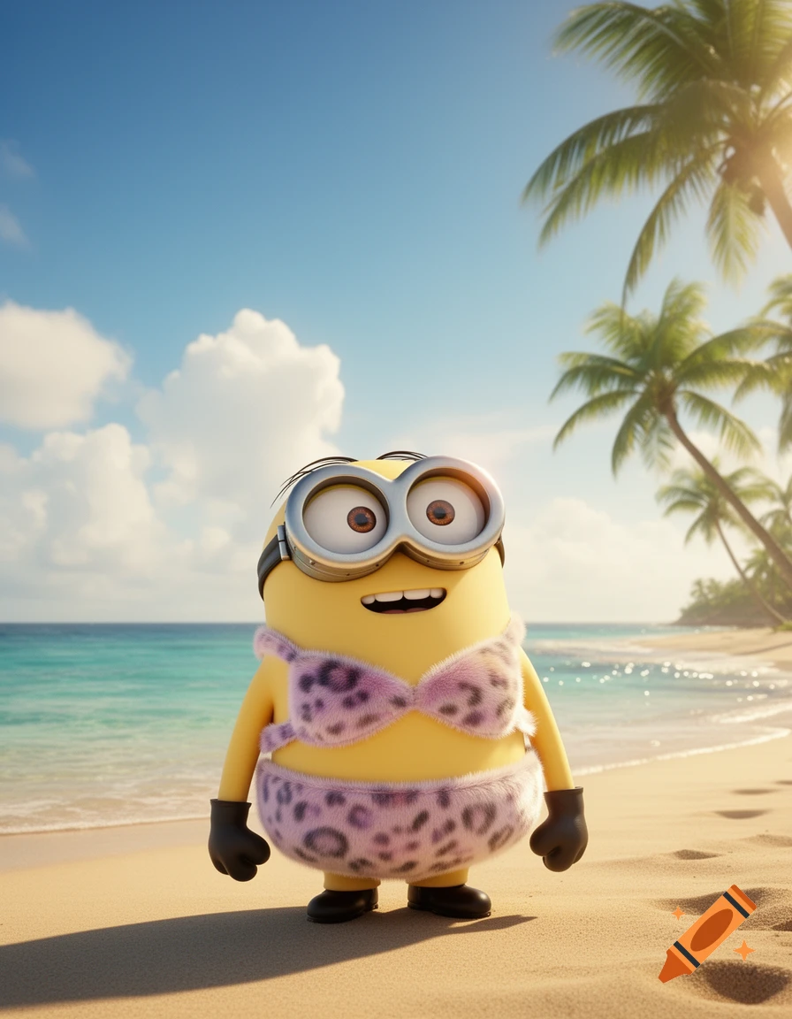 A Minion wearing a pink leopard print fur bikini stands on a sunny beach with palm trees and a clear blue ocean.