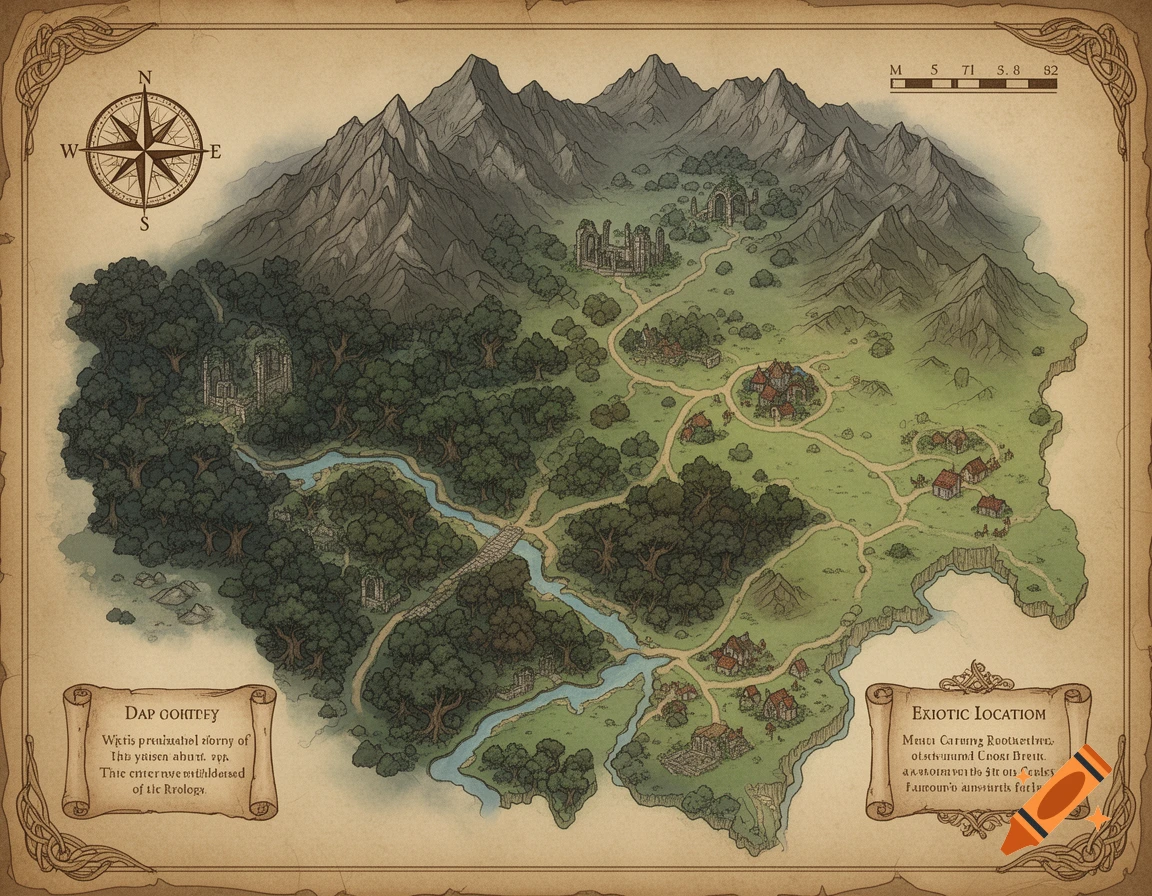 An old-style 2D fantasy map from a top-down perspective, depicting mountains, forests, rivers, villages, and ruins on a parchment background.