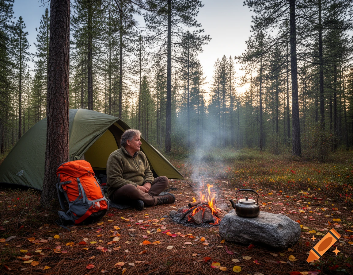A man sits by a warm campfire with a kettle, green tent, and orange backpack in a pine forest at dusk with colorful autumn leaves.