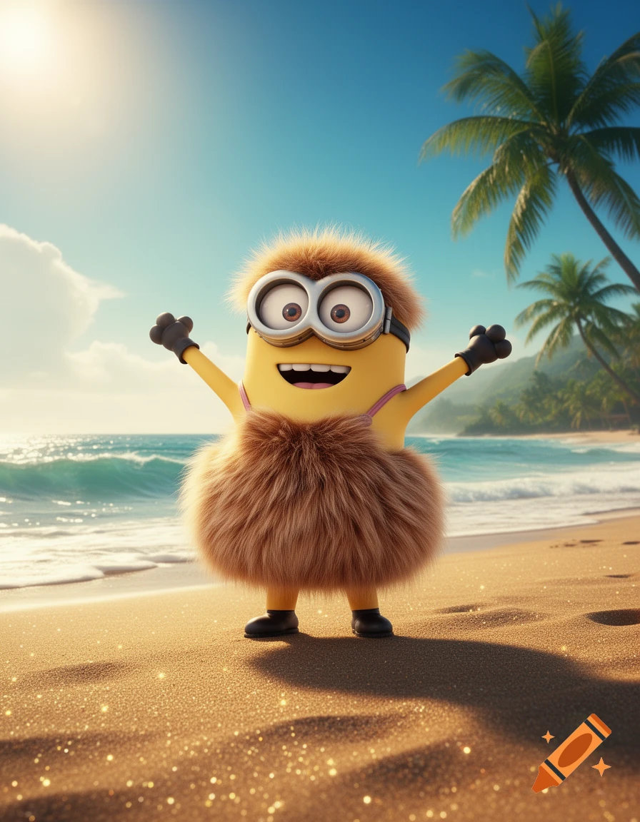 A happy Minion with furry hair and a fur bikini stands on a sparkling tropical beach with palm trees and ocean waves under a sunny sky.