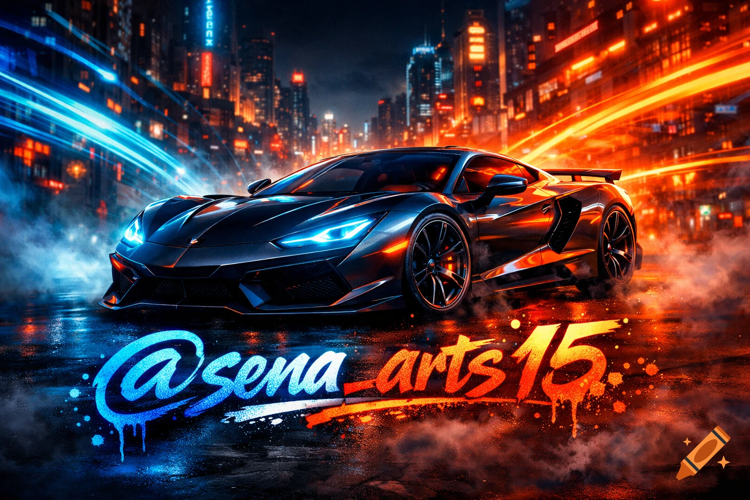 A black sports car on a wet, neon-lit city street, flanked by blue and orange light trails. '@sena_arts15' in graffiti style at the bottom.