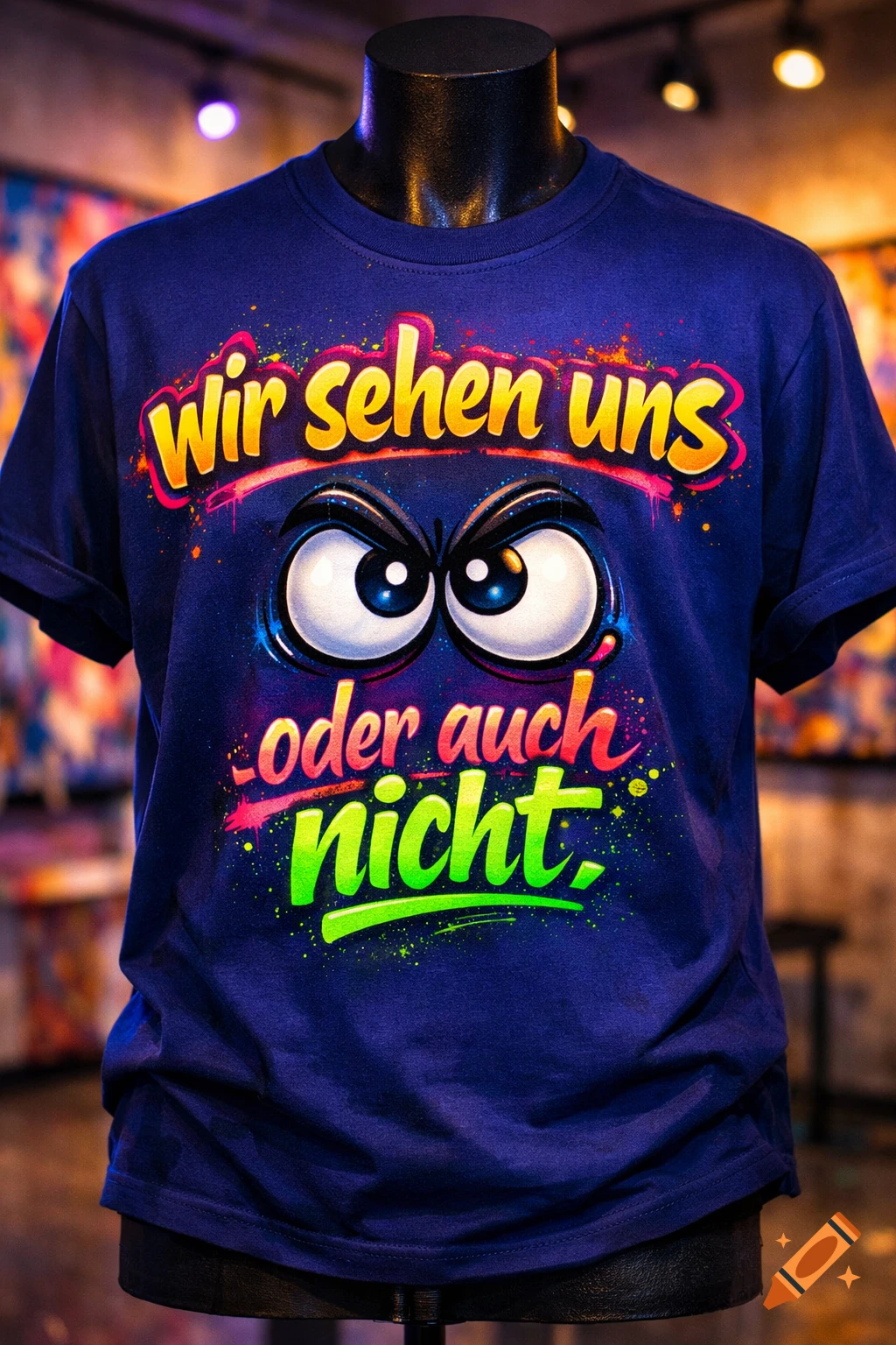 A dark blue t-shirt on a mannequin with colorful graffiti-style text "Wir sehen uns oder auch nicht" and a pair of large, angry cartoon eyes.