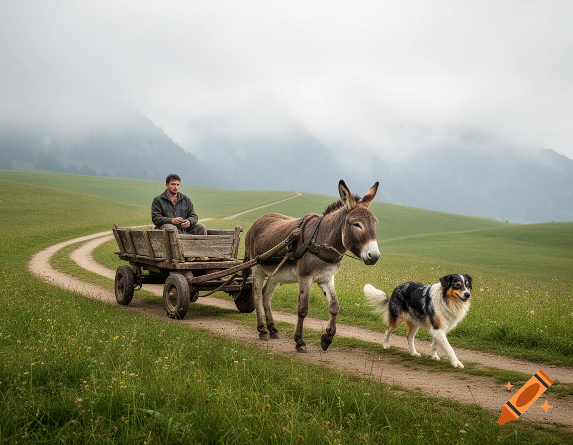 A farmer rides a cart pulled by a donkey with a sheepdog beside them on a winding dirt path through green hills under misty mountains.