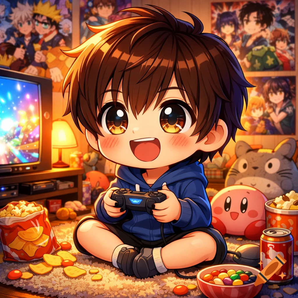 A cute chibi anime boy smiles while playing video games on a rug, surrounded by snacks and anime posters.