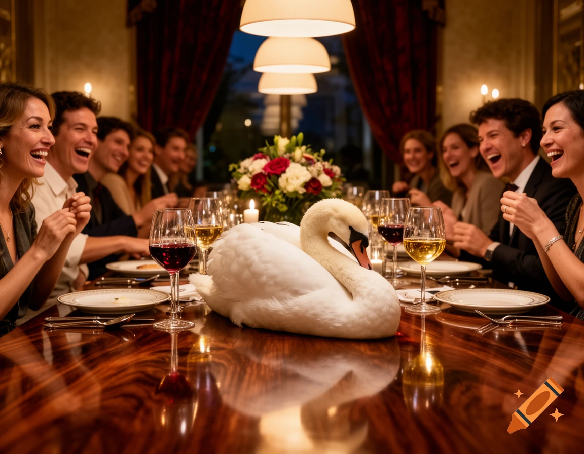 A white swan rests on a highly reflective wooden dining table, surrounded by laughing people, wine glasses, and a floral centerpiece.