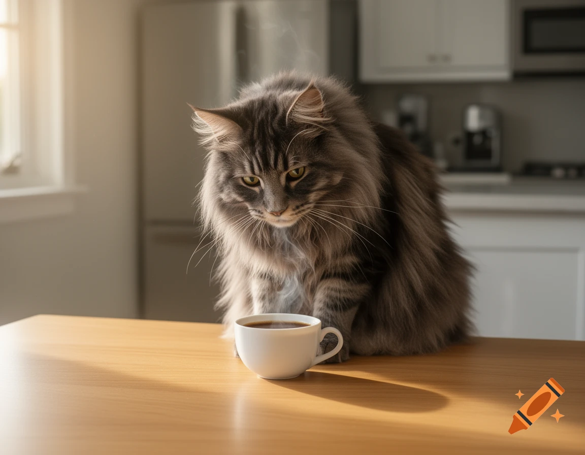 A fluffy grey cat with yellow eyes looks at a steaming white cup of coffee on a wooden table in a sunlit kitchen.