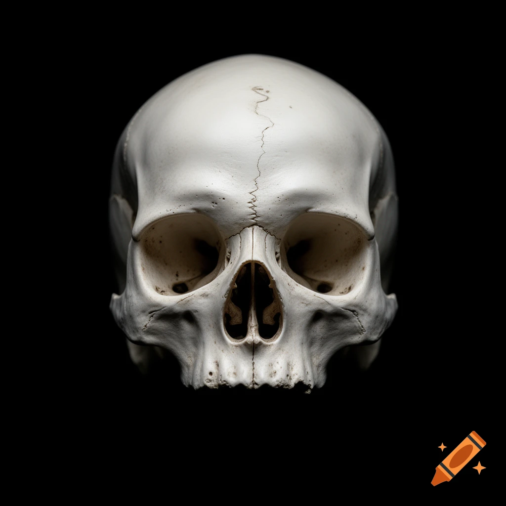A detailed, front-facing view of a white human skull against a stark black background.