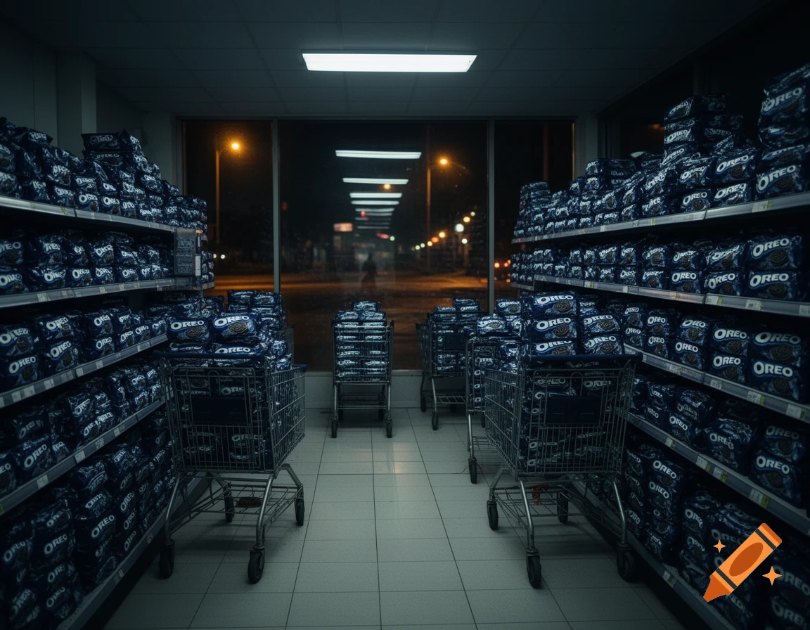A supermarket aisle at night filled with shelves and shopping carts overflowing with Oreo cookie packages.