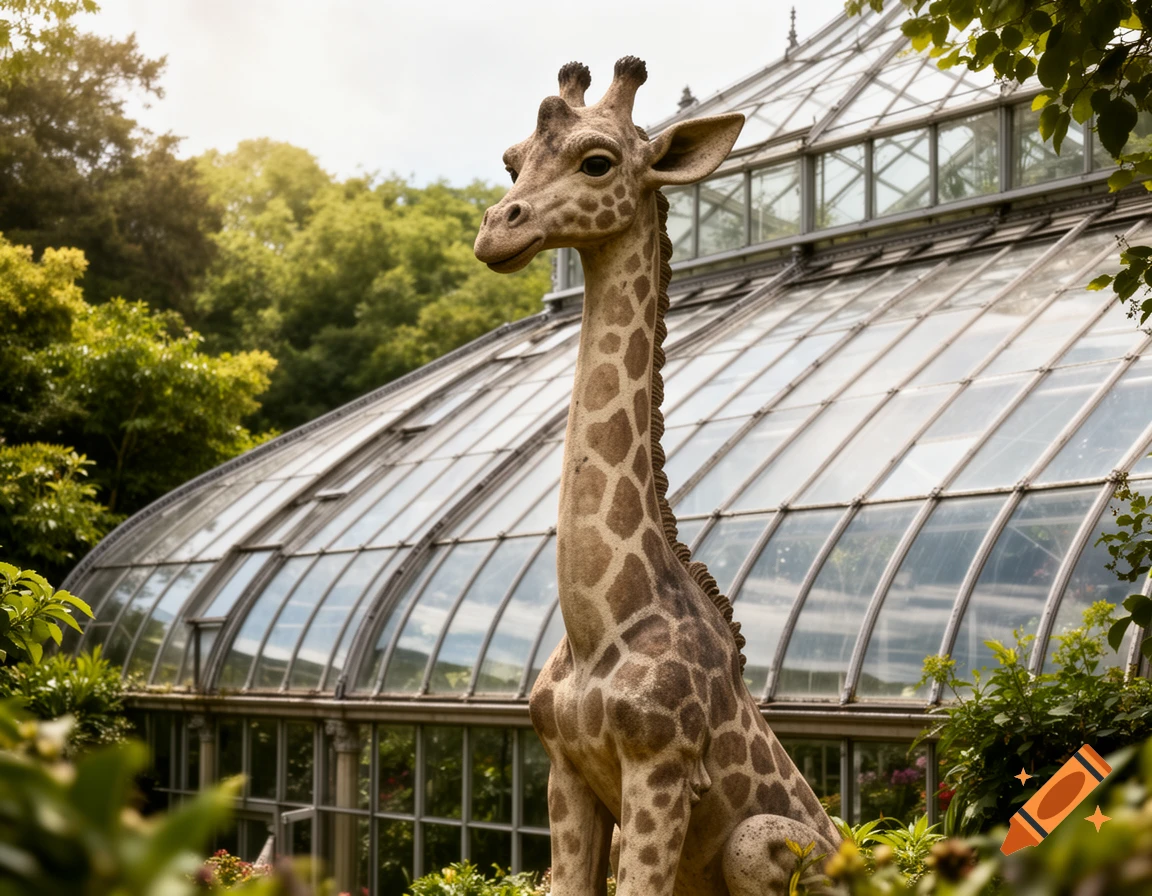 A photorealistic statue of a giraffe sits in front of a large glass greenhouse, surrounded by lush green foliage.