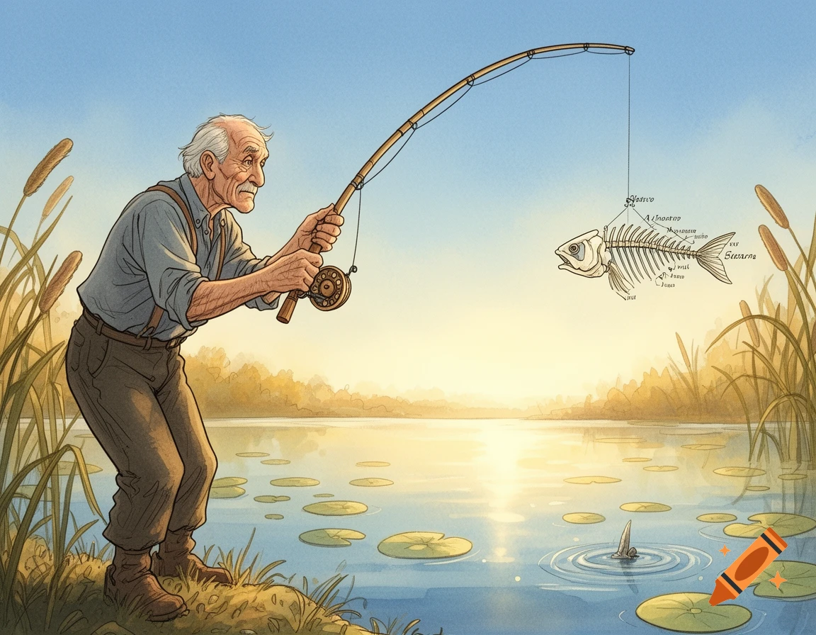 An old man in a cartoonish style fishing by a lake, catching a fish skeleton diagram.