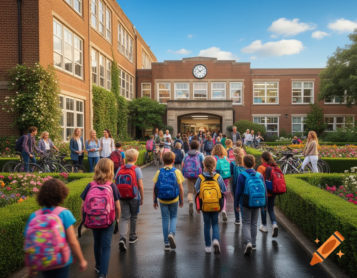 Students with colorful backpacks walk towards a grand brick school building, surrounded by gardens and adults, on a sunny day.