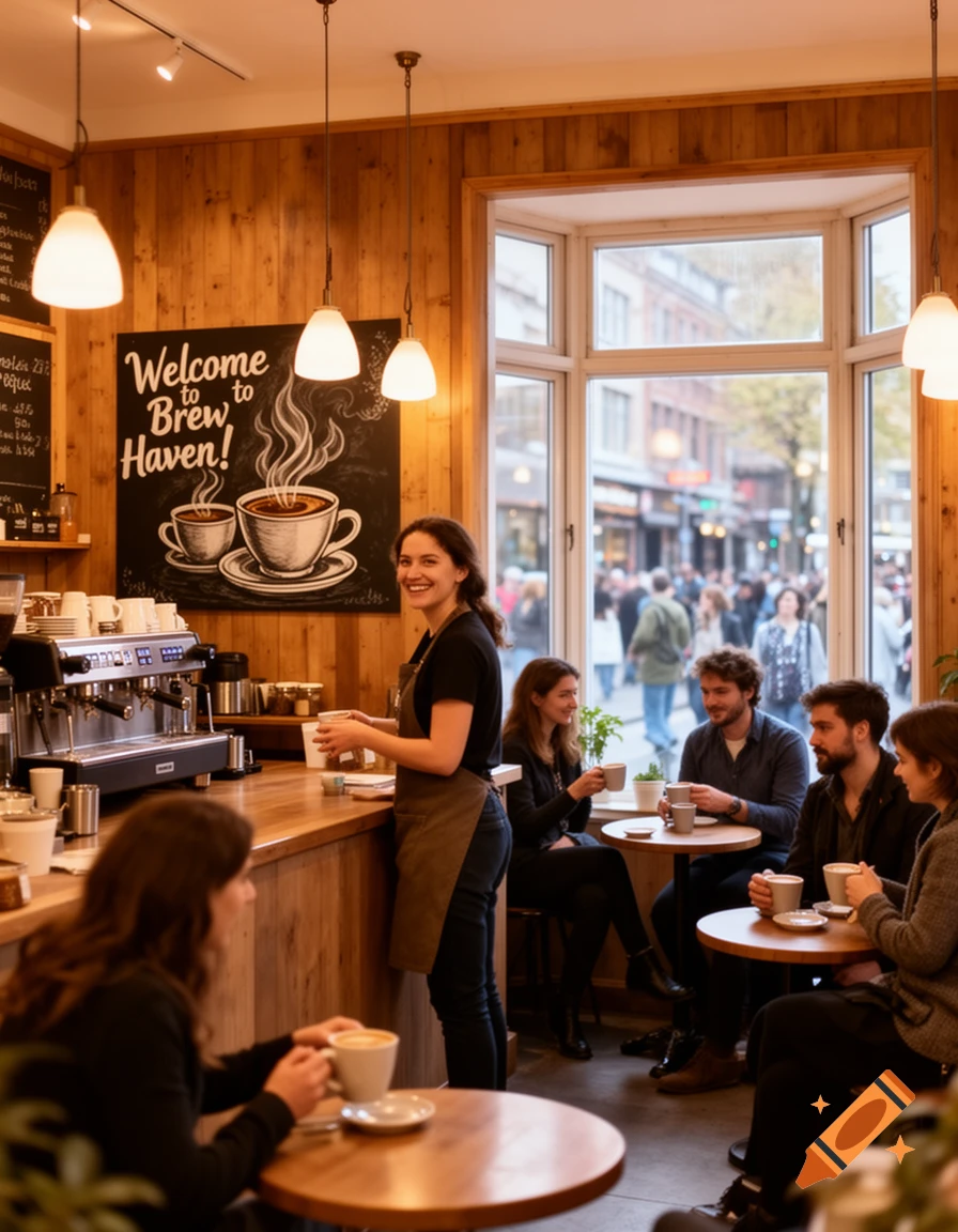 A bustling coffee shop interior with a smiling barista and patrons enjoying drinks at tables by large windows overlooking a street.