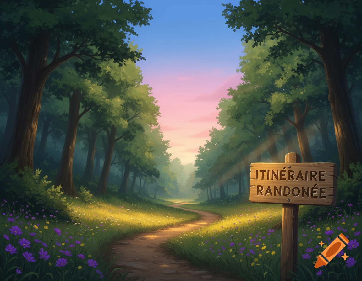 A vibrant cartoon forest path at sunset, lined with trees and wildflowers, featuring a sign reading "ITINÉRAIRE RANDONÉE".