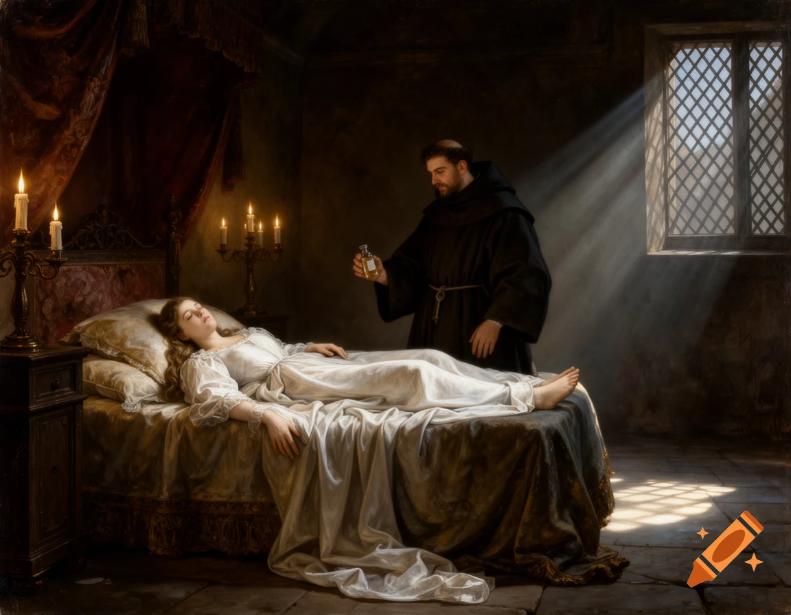 A monk holds a phial next to a pale woman in a white dress lying on a bed in a dimly lit room, like a Renaissance painting.