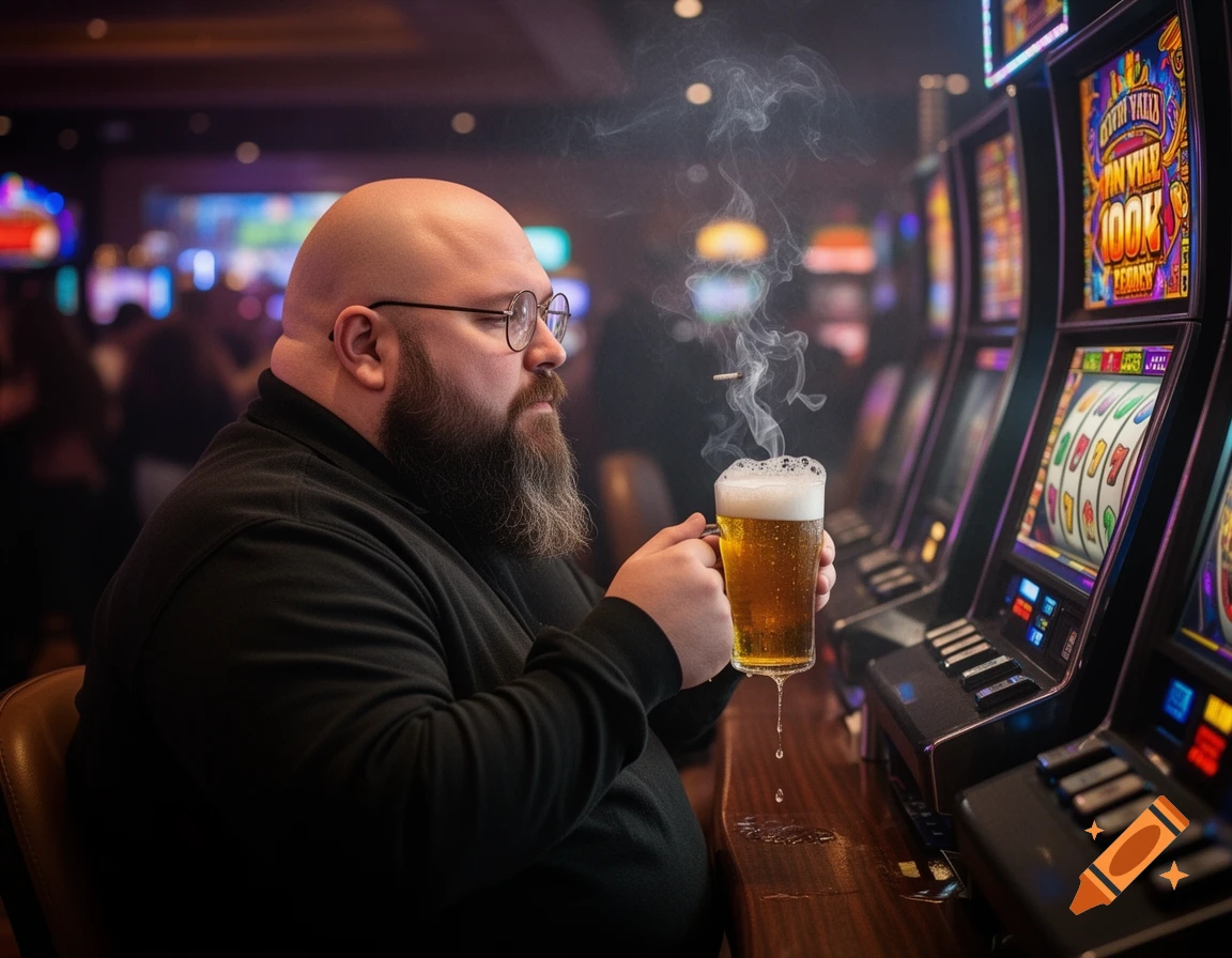 Stout bald man with a beard smoking and drinking a beer at a slot machine in a dark casino, photorealistic.