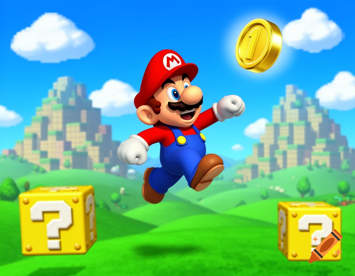 Super Mario jumping to collect a golden coin in a vibrant cartoon landscape with question mark blocks and pixelated mountains.