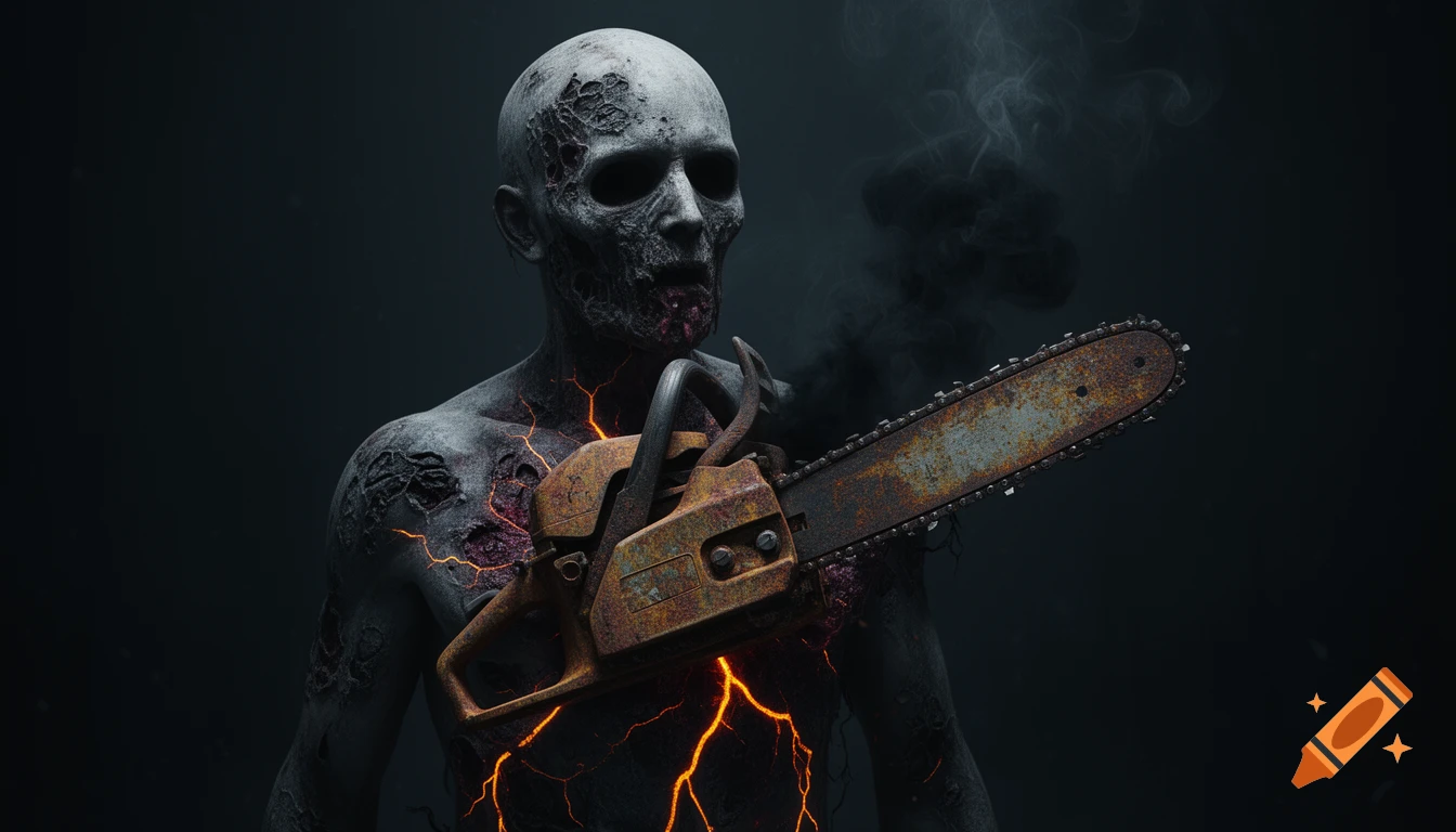 A horror-style image of a zombie-like figure with glowing cracks and an old, rusted chainsaw against its chest, emitting black smoke. It has empty eye sockets and a haunting expression on a dark background.