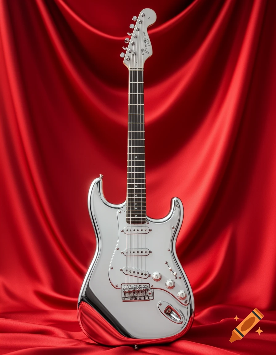 A photorealistic chrome Fender Stratocaster electric guitar stands vertically against a draped red silk background.