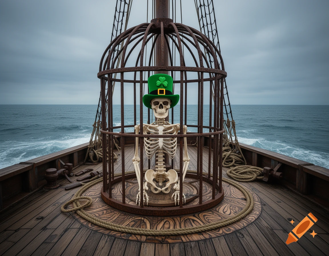 A skeleton wearing a green leprechaun hat sits inside a rusty cage on the wooden deck of a ship at sea under an overcast sky.