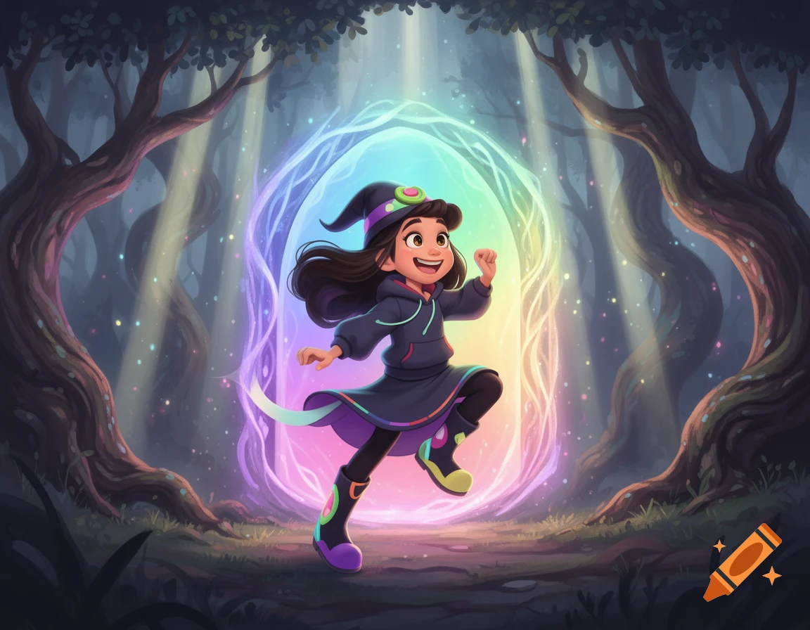 A cartoon girl in a witch hat runs happily through a magical forest with a glowing, colorful portal behind her.