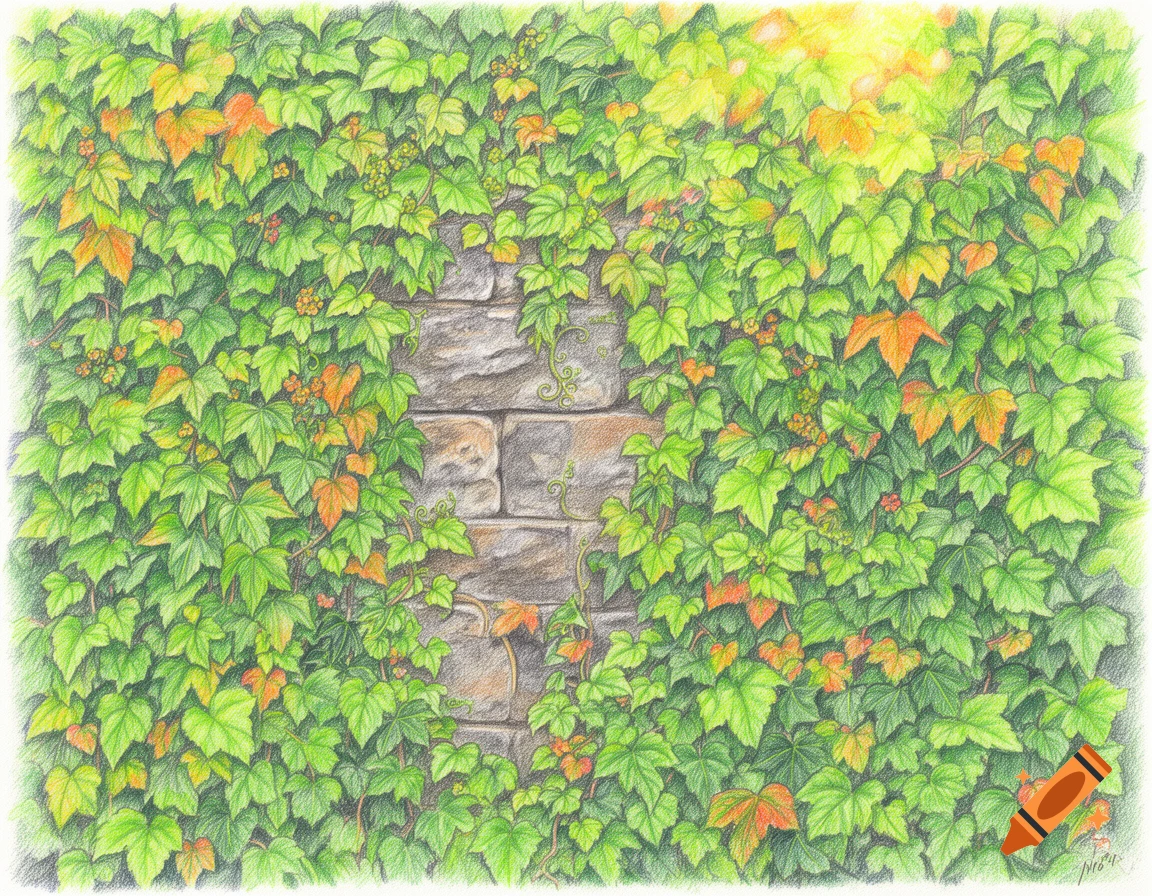 Colored pencil drawing of a stone wall completely overgrown with lush green and orange English ivy.