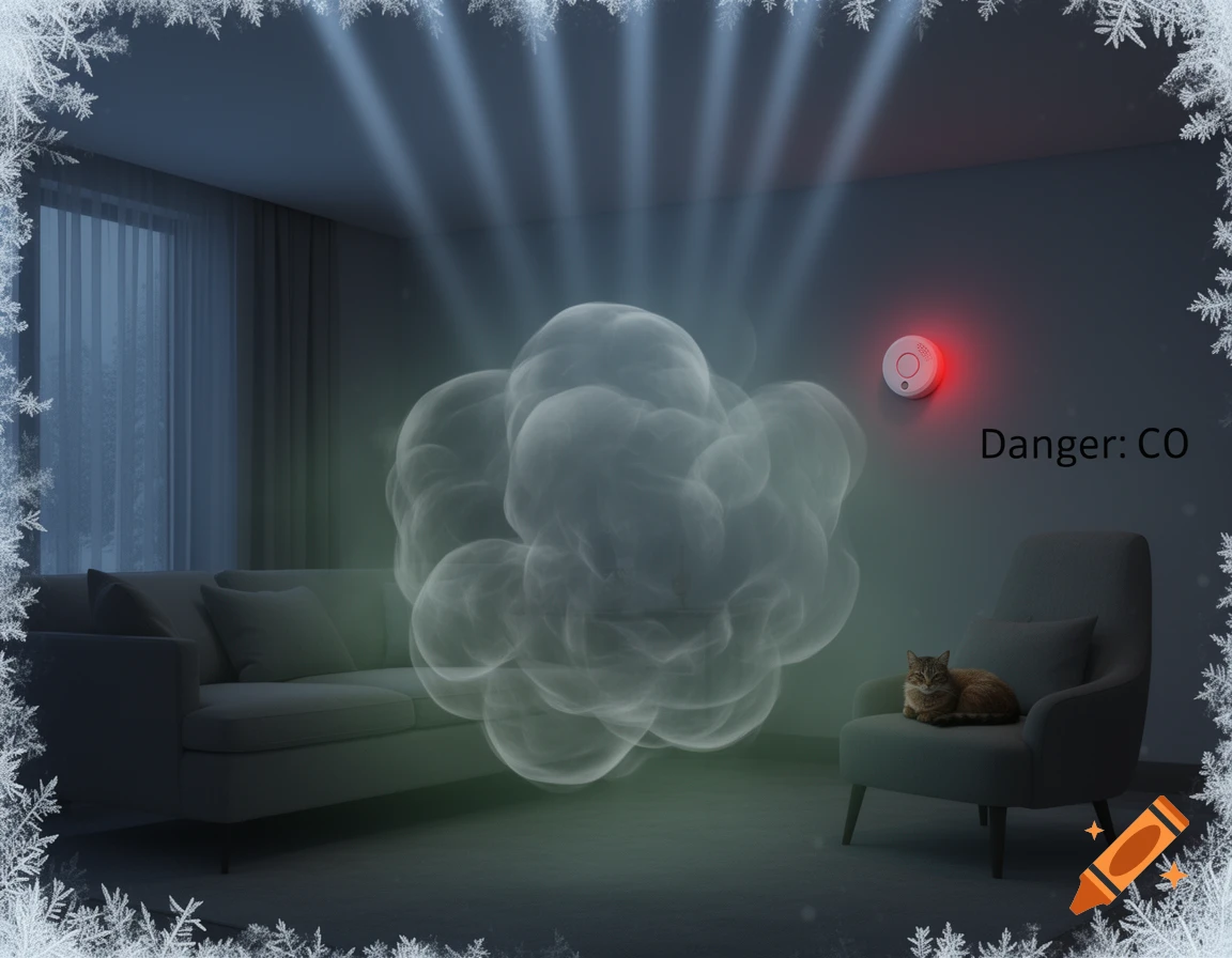 A dark living room with a red glowing carbon monoxide detector on the wall, a cloud of gas, and a cat on an armchair. Text reads "Danger: CO".
