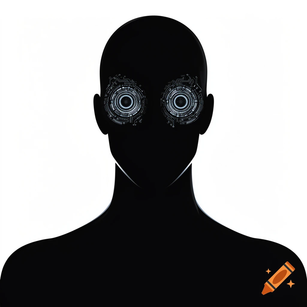 Black silhouette of a person with glowing blue and white circuit board eyes against a white background in a simple, graphic style.