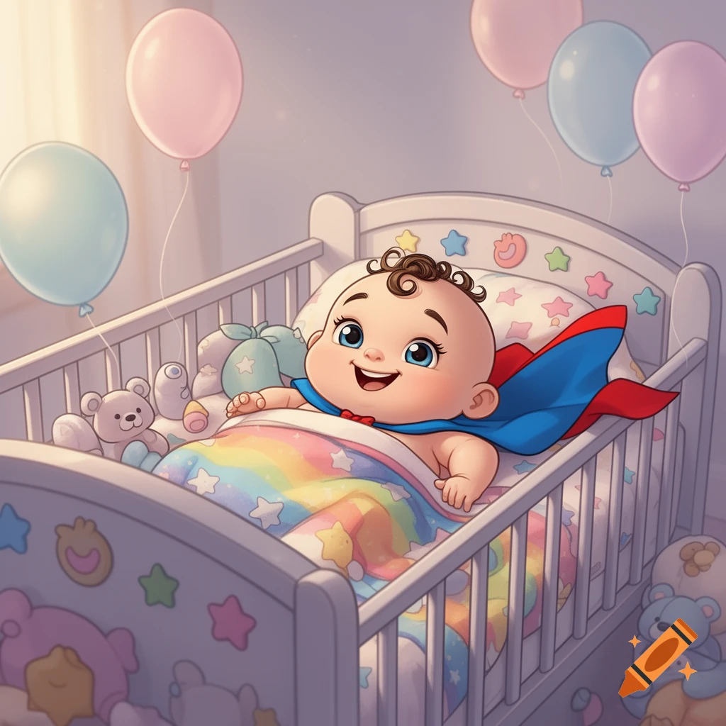 A happy cartoon baby wearing a blue and red cape, like a superhero, lying in a white crib with a rainbow blanket and balloons.