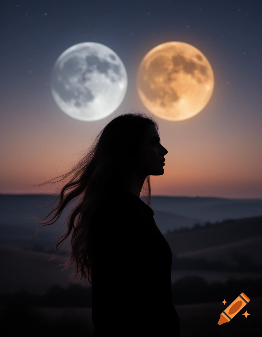 Silhouette of a woman with long, windswept hair looking towards a twilight sky with two large moons, one silver and one golden, over a hazy landscape.