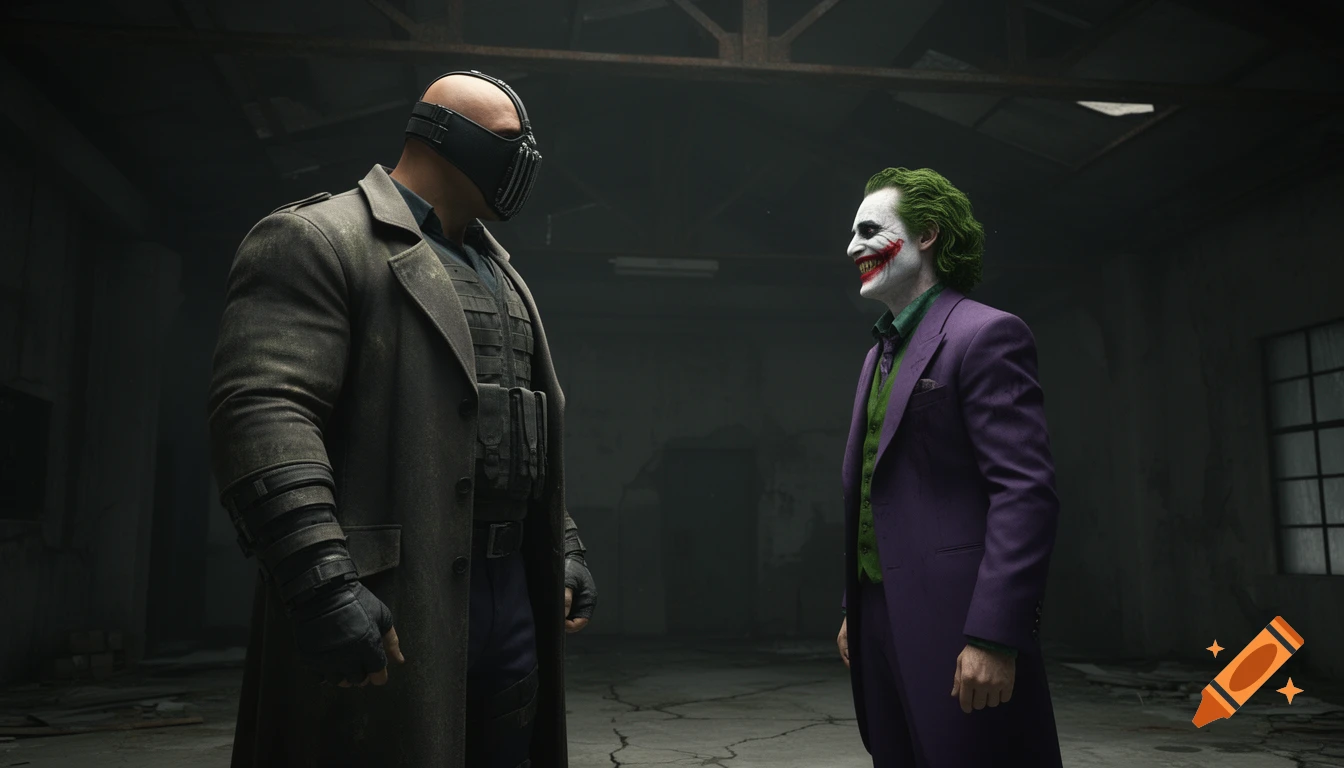 Photorealistic image of Bane and The Joker in a tense face-off in a gritty industrial room.