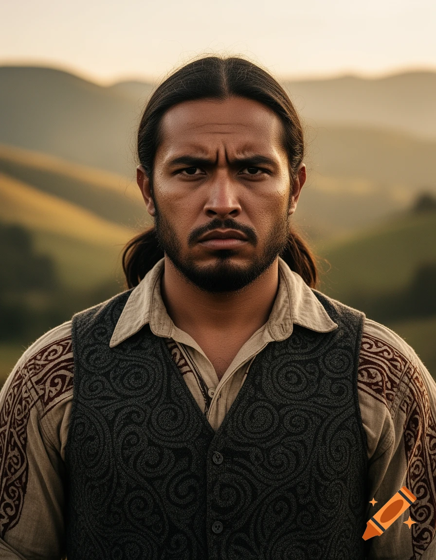 A stoic man with long dark hair, a beard, and a stern expression wears a patterned shirt and dark vest against a soft, hilly landscape at sunset.