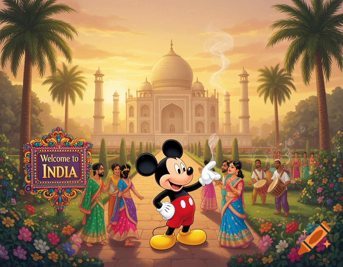 Mickey Mouse stands in front of the Taj Mahal in India, with people in traditional attire and a 'Welcome to India' sign, in a vibrant cartoon.