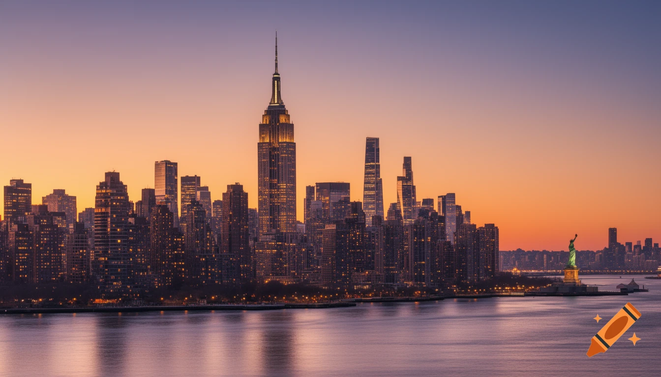 A panoramic view of the New York City skyline at sunset, with the Empire State Building and Statue of Liberty visible along the illuminated waterfront.