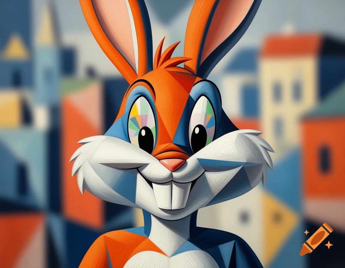 A stylized, cubist-inspired depiction of Bugs Bunny's face, composed of geometric orange, blue, and white shapes with colorful eyes.