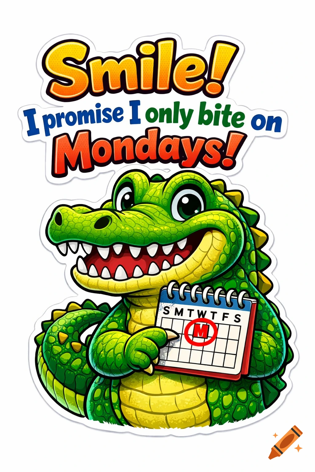 Friendly cartoon alligator with a big grin holding a calendar with Monday circled, and text: "Smile! I promise I only bite on Mondays!"