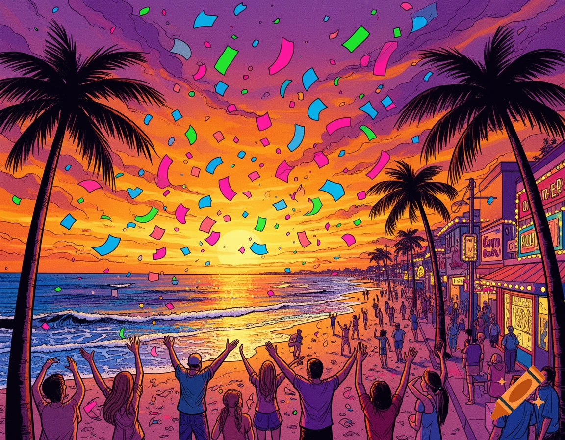 Vibrant comic-style sunset over a crowded beach boulevard with palm trees and colorful confetti falling.
