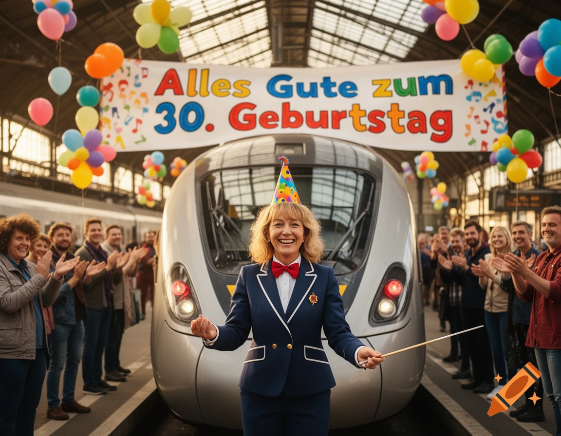 A smiling woman in a conductor's uniform and party hat stands before a train. A banner reads "Happy 30th Birthday" with balloons, and people clap in the background.