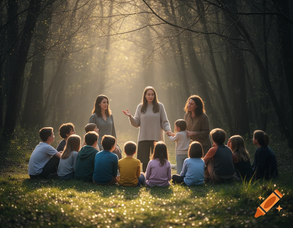 A group of adults and children gathered in a forest clearing, bathed in golden sunbeams filtering through trees.