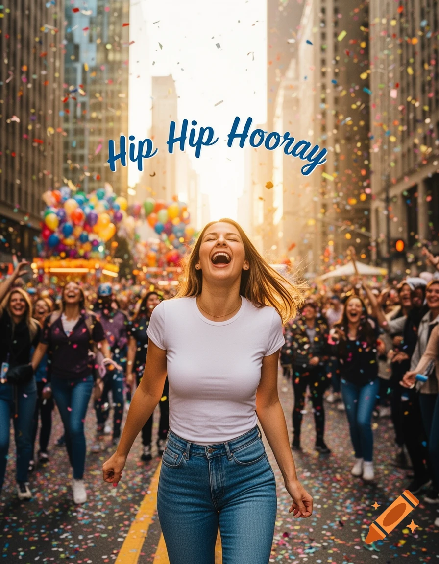 A joyful woman with arms outstretched laughs as confetti falls around her in a festive city street.