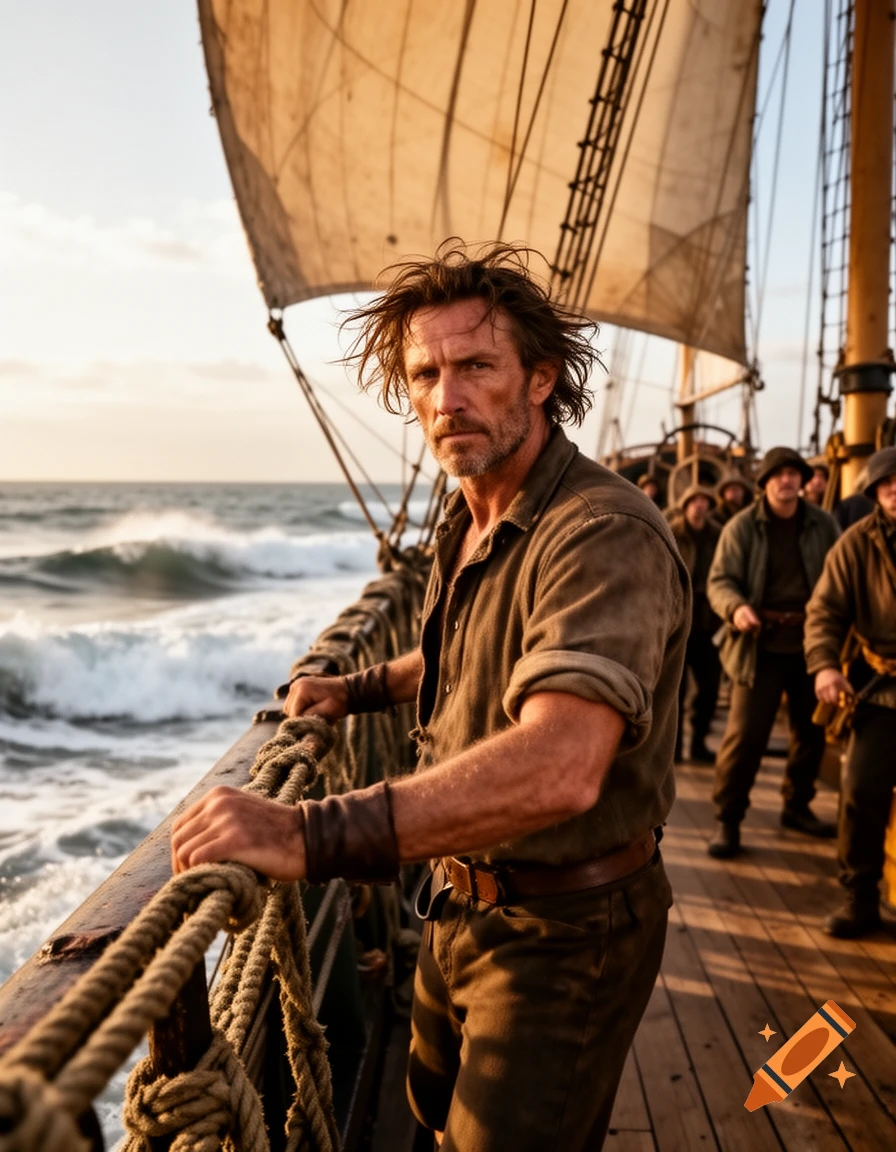 A rugged man with windswept hair and a beard stands on a wooden sailing ship, looking forward, with waves and sails behind him. Photorealistic.