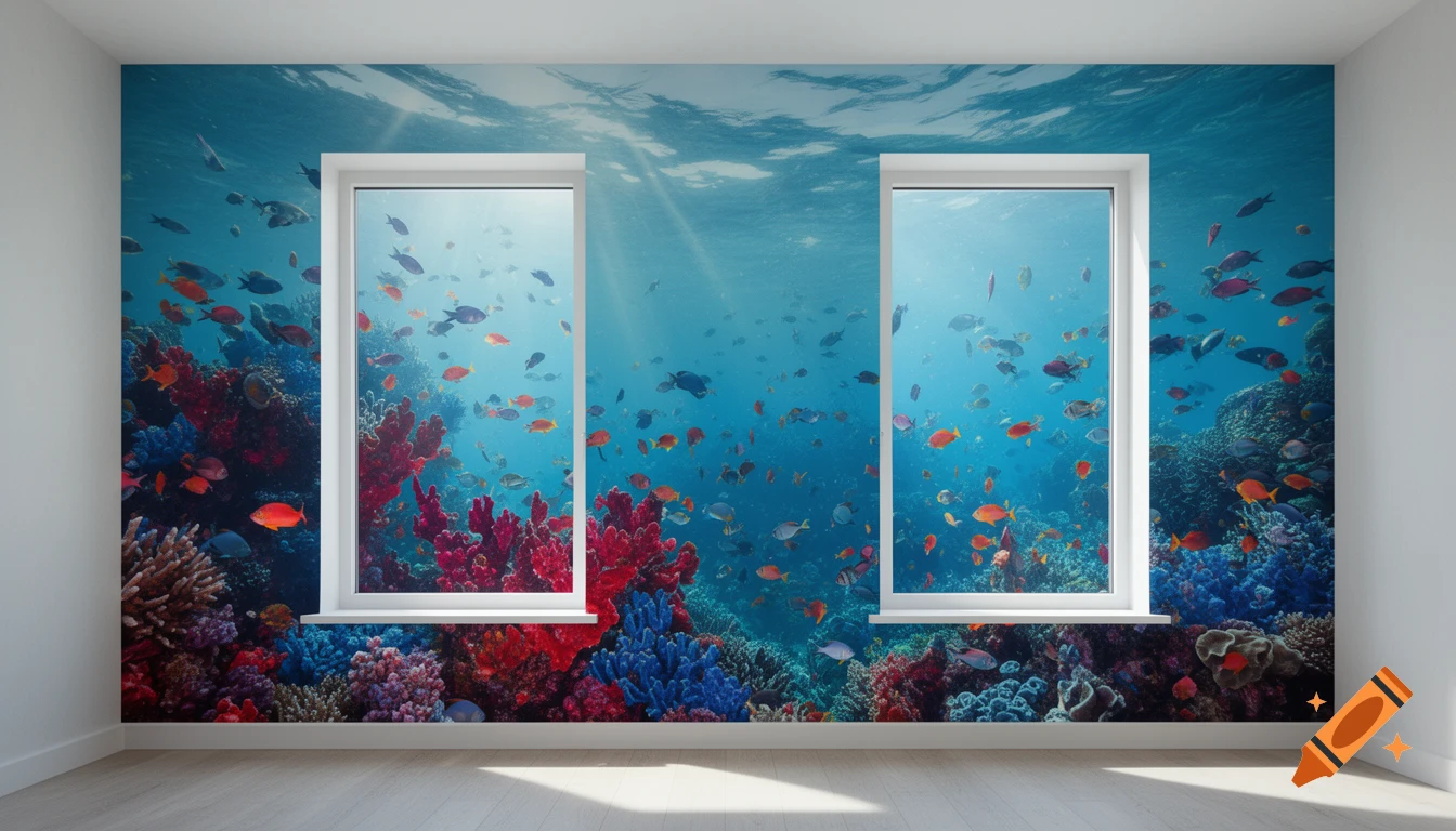 Photorealistic ocean wall mural featuring colorful coral reefs and diverse fish, with two white-framed windows looking out to the vibrant underwater scene.